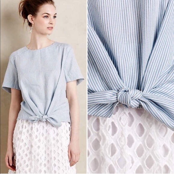 Anthropologie Tops - Anthropologie Maeve Sana Blue White Striped Tie Tee Small
